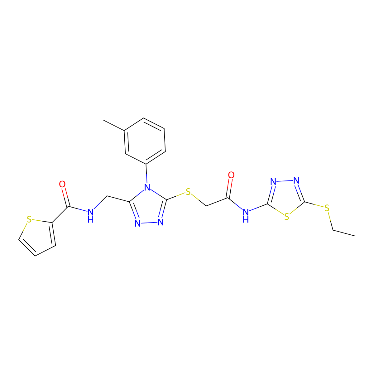 N-[[5-[2-[(5-ethylsulfanyl-1,3,4-thiadiazol-2-yl)amino]-2-oxoethyl]sulfanyl-4-(3-methylphenyl)-1,2,4-triazol-3-yl]methyl]thiophene-2-carboxamide molecular structure, CAS 394215-24-8