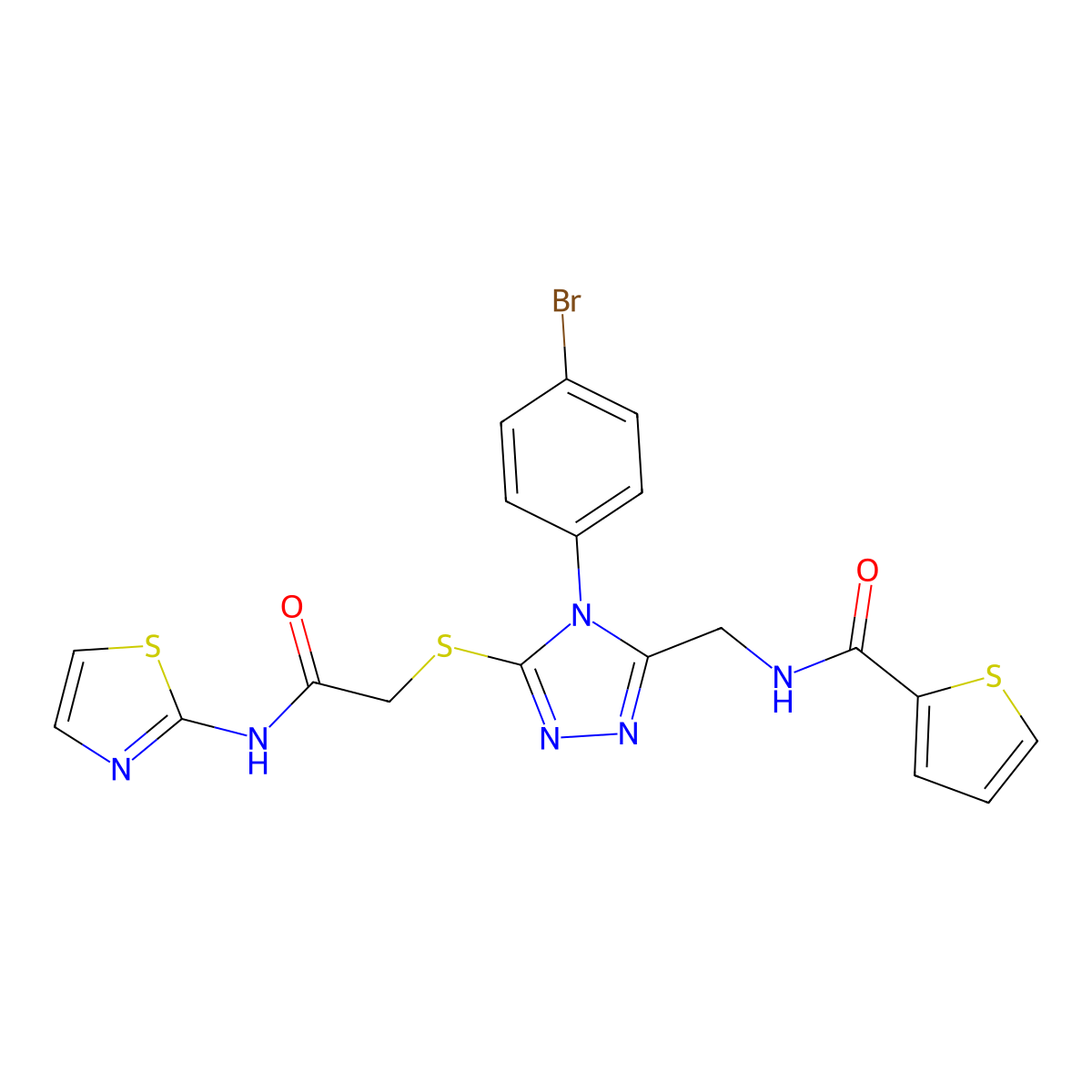 N-((4-(4-bromophenyl)-5-((2-oxo-2-(thiazol-2-ylamino)ethyl)thio)-4H-1,2,4-triazol-3-yl)methyl)thiophene-2-carboxamide molecular structure, CAS 394215-32-8