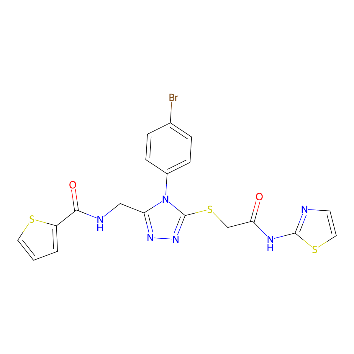 N-((4-(4-bromophenyl)-5-((2-oxo-2-(thiazol-2-ylamino)ethyl)thio)-4H-1,2,4-triazol-3-yl)methyl)thiophene-2-carboxamide molecular structure, CAS 394215-32-8