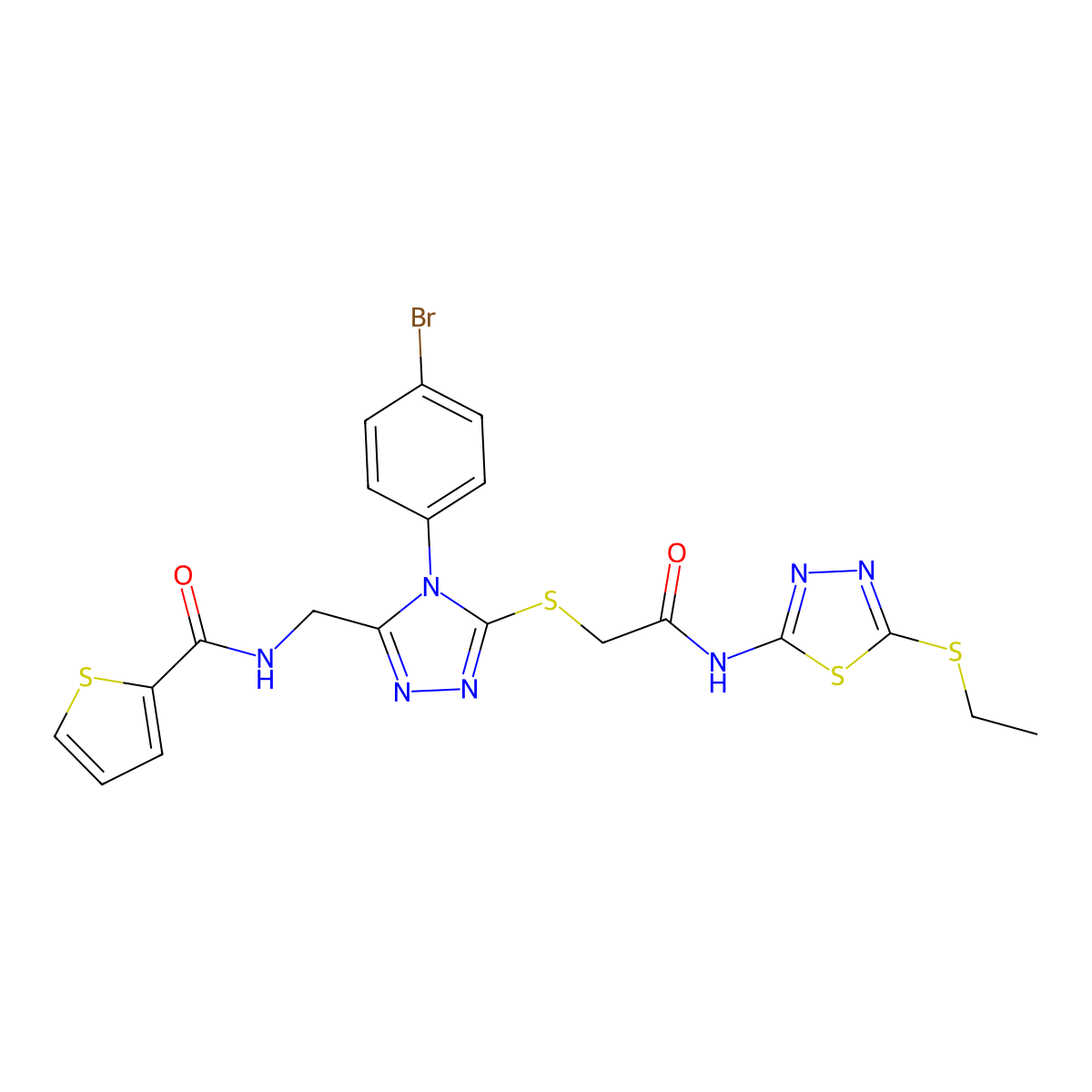 N-((4-(4-bromophenyl)-5-((2-((5-(ethylthio)-1,3,4-thiadiazol-2-yl)amino)-2-oxoethyl)thio)-4H-1,2,4-triazol-3-yl)methyl)thiophene-2-carboxamide molecular structure, CAS 394215-34-0