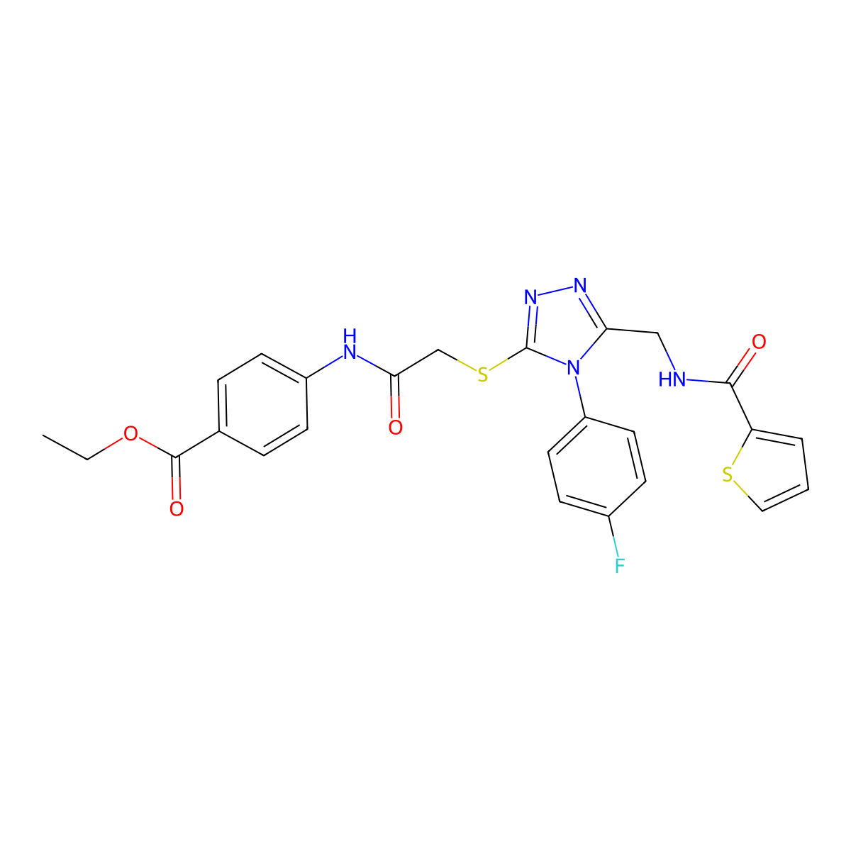 Ethyl 4-[[2-[[4-(4-fluorophenyl)-5-[(thiophene-2-carbonylamino)methyl]-1,2,4-triazol-3-yl]sulfanyl]acetyl]amino]benzoate molecular structure, CAS 394215-40-8