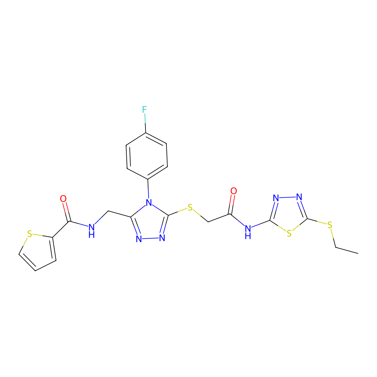 N-[[5-[2-[(5-ethylsulfanyl-1,3,4-thiadiazol-2-yl)amino]-2-oxoethyl]sulfanyl-4-(4-fluorophenyl)-1,2,4-triazol-3-yl]methyl]thiophene-2-carboxamide molecular structure, CAS 394215-41-9