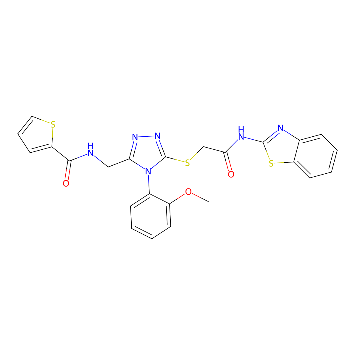 N-((5-((2-(benzo[d]thiazol-2-ylamino)-2-oxoethyl)thio)-4-(2-methoxyphenyl)-4H-1,2,4-triazol-3-yl)methyl)thiophene-2-carboxamide molecular structure, CAS 394215-44-2
