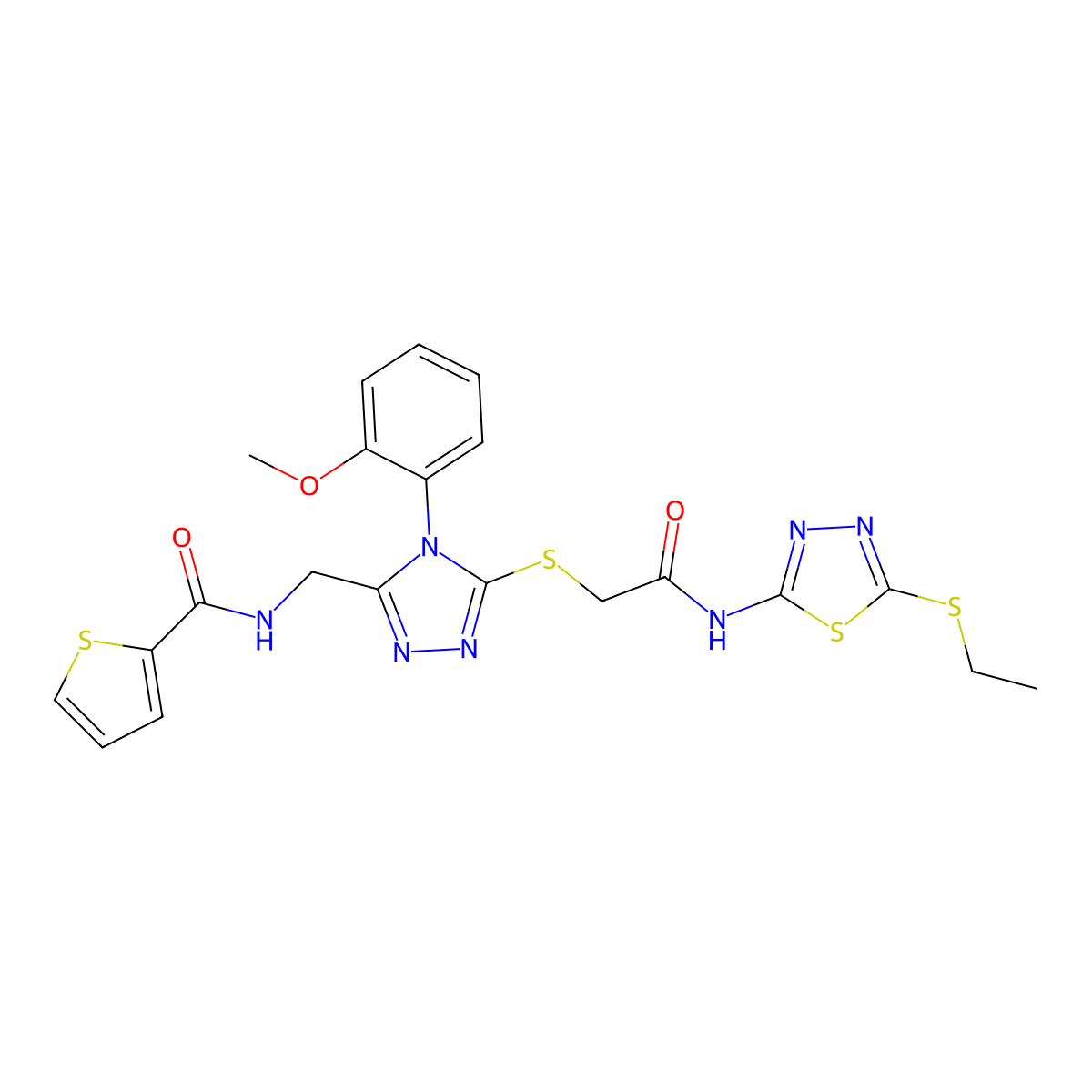 N-[[5-[2-[(5-ethylsulfanyl-1,3,4-thiadiazol-2-yl)amino]-2-oxoethyl]sulfanyl-4-(2-methoxyphenyl)-1,2,4-triazol-3-yl]methyl]thiophene-2-carboxamide molecular structure, CAS 394215-45-3