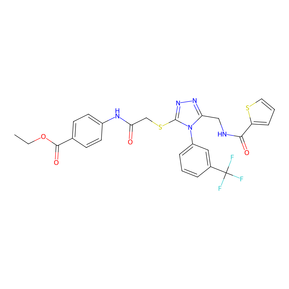 Ethyl 4-[[2-[[5-[(thiophene-2-carbonylamino)methyl]-4-[3-(trifluoromethyl)phenyl]-1,2,4-triazol-3-yl]sulfanyl]acetyl]amino]benzoate molecular structure, CAS 394215-51-1