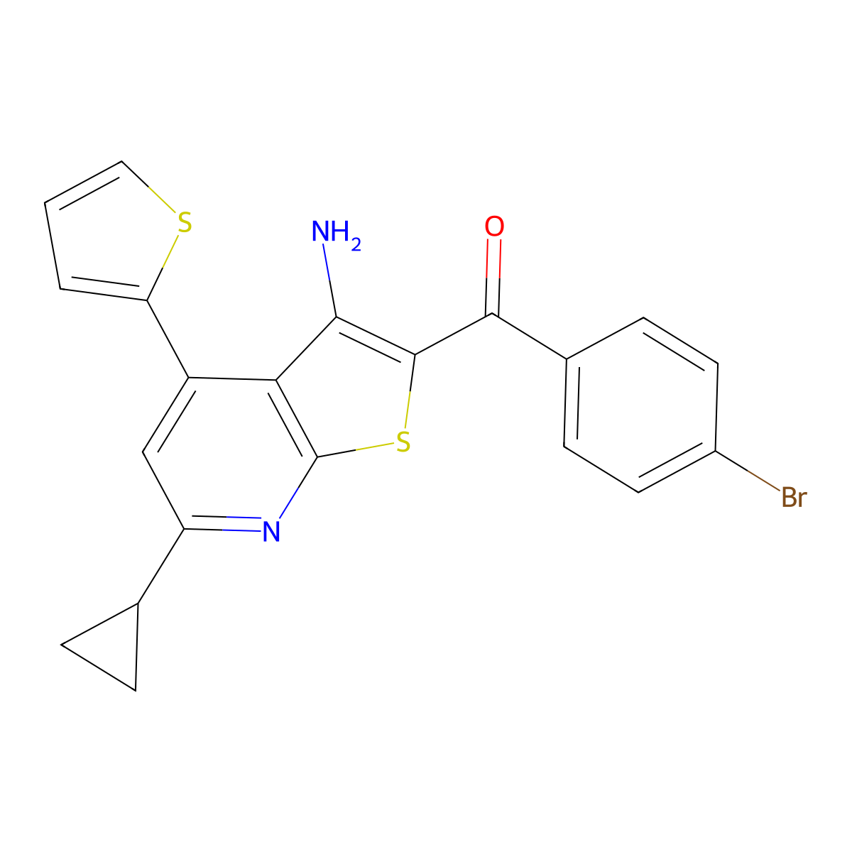 (3-Amino-6-cyclopropyl-4-(thiophen-2-yl)thieno[2,3-b]pyridin-2-yl)(4-bromophenyl)methanone molecular structure, CAS 394225-16-2