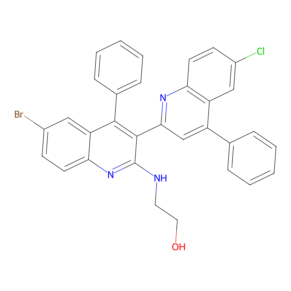 2-[[6-Bromo-3-(6-chloro-4-phenylquinolin-2-yl)-4-phenylquinolin-2-yl]amino]ethanol molecular structure, CAS 394225-30-0