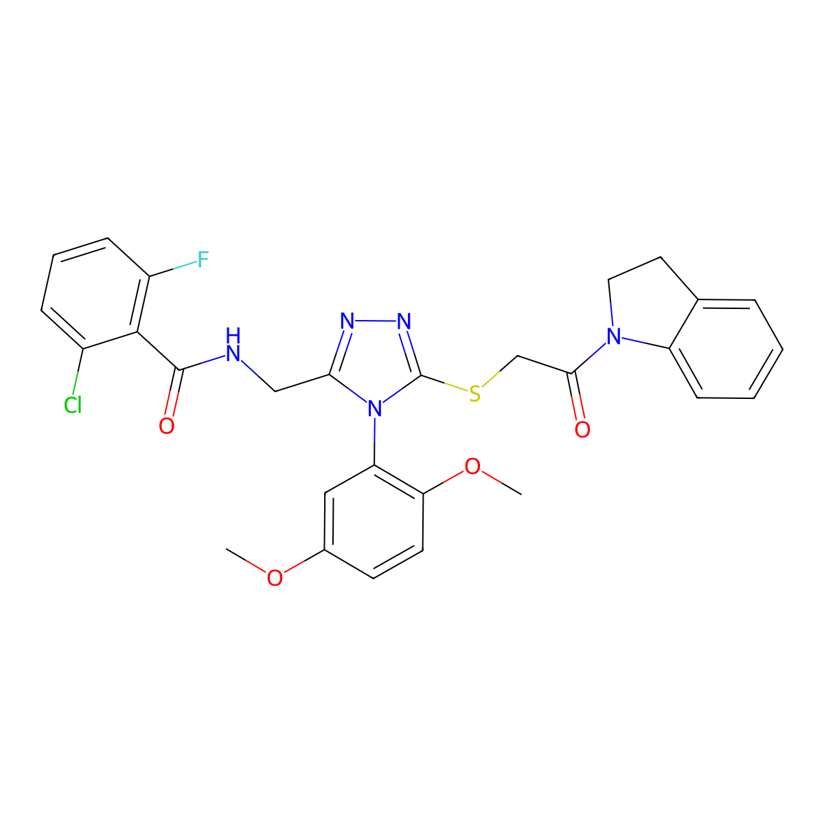 2-chloro-N-[[5-[2-(2,3-dihydroindol-1-yl)-2-oxoethyl]sulfanyl-4-(2,5-dimethoxyphenyl)-1,2,4-triazol-3-yl]methyl]-6-fluorobenzamide molecular structure, CAS 394225-82-2