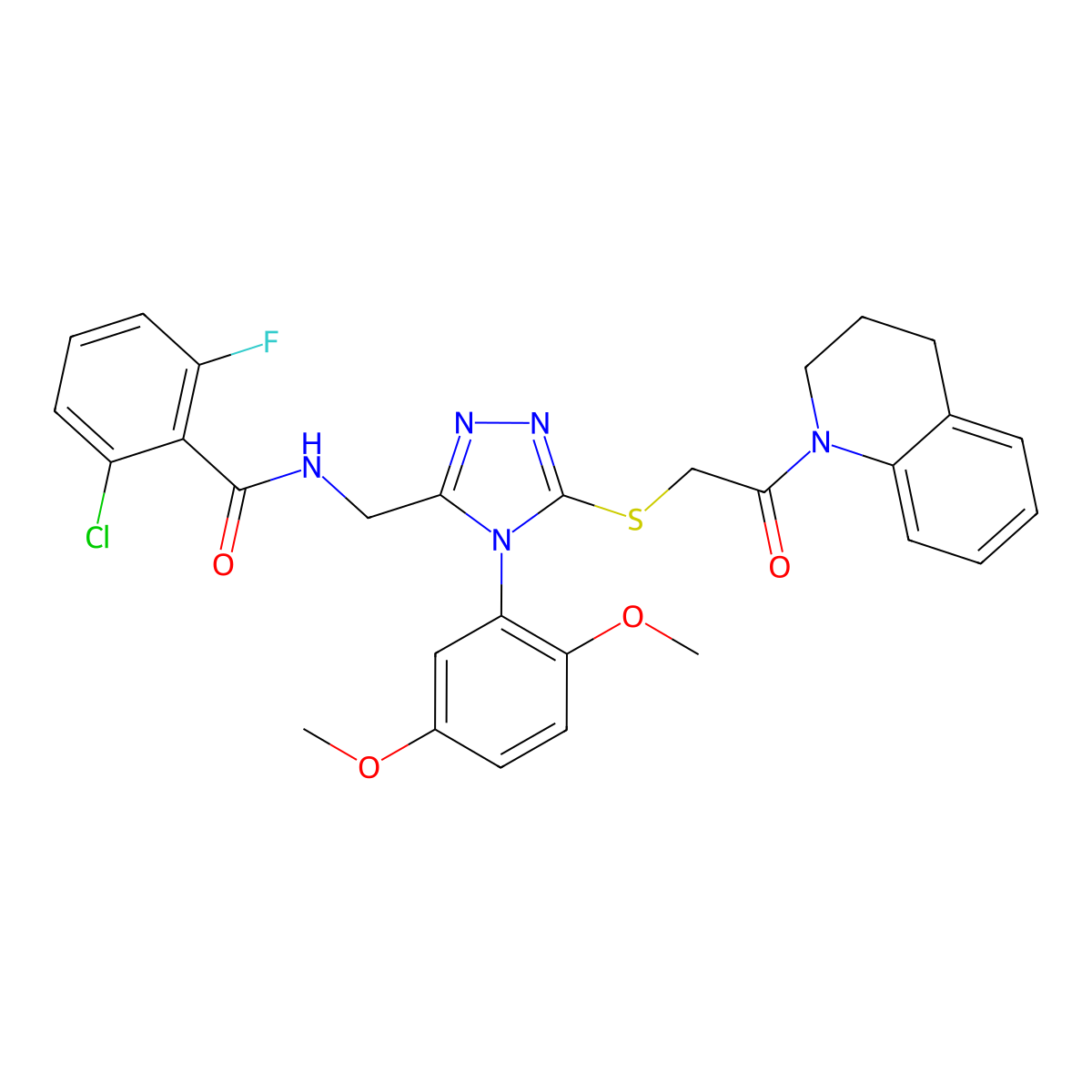 2-chloro-N-((5-((2-(3,4-dihydroquinolin-1(2H)-yl)-2-oxoethyl)thio)-4-(2,5-dimethoxyphenyl)-4H-1,2,4-triazol-3-yl)methyl)-6-fluorobenzamide molecular structure, CAS 394225-84-4