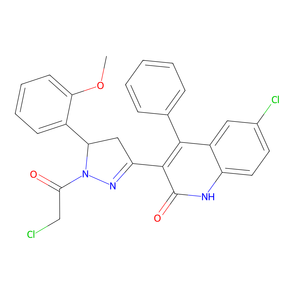 6-chloro-3-(1-(2-chloroacetyl)-5-(2-methoxyphenyl)-4,5-dihydro-1H-pyrazol-3-yl)-4-phenylquinolin-2(1H)-one molecular structure, CAS 394225-87-7