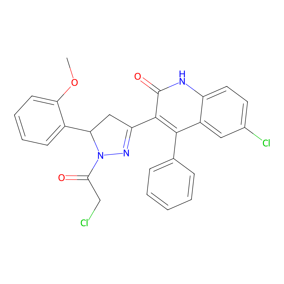 6-chloro-3-(1-(2-chloroacetyl)-5-(2-methoxyphenyl)-4,5-dihydro-1H-pyrazol-3-yl)-4-phenylquinolin-2(1H)-one molecular structure, CAS 394225-87-7
