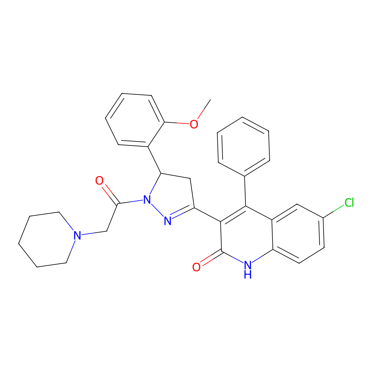 6-chloro-3-(5-(2-methoxyphenyl)-1-(2-(piperidin-1-yl)acetyl)-4,5-dihydro-1H-pyrazol-3-yl)-4-phenylquinolin-2(1H)-one molecular structure, CAS 394226-03-0