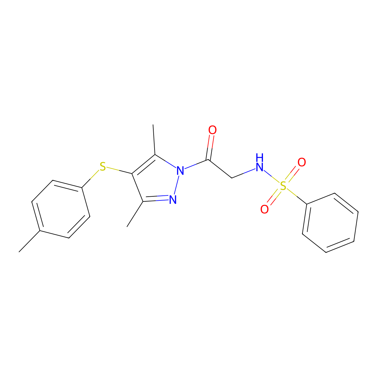 N-(2-(3,5-dimethyl-4-(p-tolylthio)-1H-pyrazol-1-yl)-2-oxoethyl)benzenesulfonamide molecular structure, CAS 394226-28-9