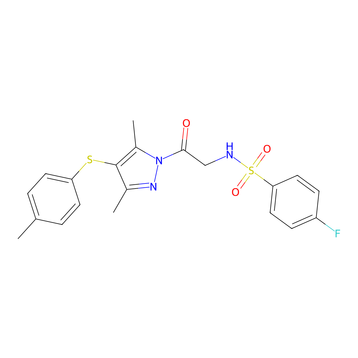 N-[2-[3,5-dimethyl-4-(4-methylphenyl)sulfanylpyrazol-1-yl]-2-oxoethyl]-4-fluorobenzenesulfonamide molecular structure, CAS 394226-32-5