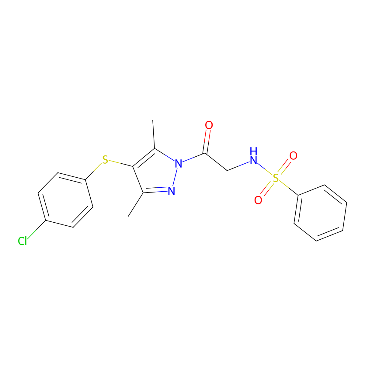 N-[2-[4-(4-chlorophenyl)sulfanyl-3,5-dimethylpyrazol-1-yl]-2-oxoethyl]benzenesulfonamide molecular structure, CAS 394226-34-7