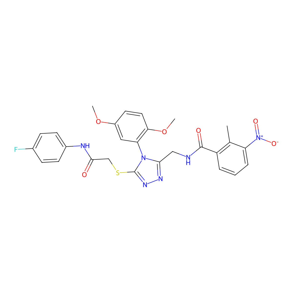 N-[[4-(2,5-dimethoxyphenyl)-5-[2-(4-fluoroanilino)-2-oxoethyl]sulfanyl-1,2,4-triazol-3-yl]methyl]-2-methyl-3-nitrobenzamide molecular structure, CAS 394226-43-8