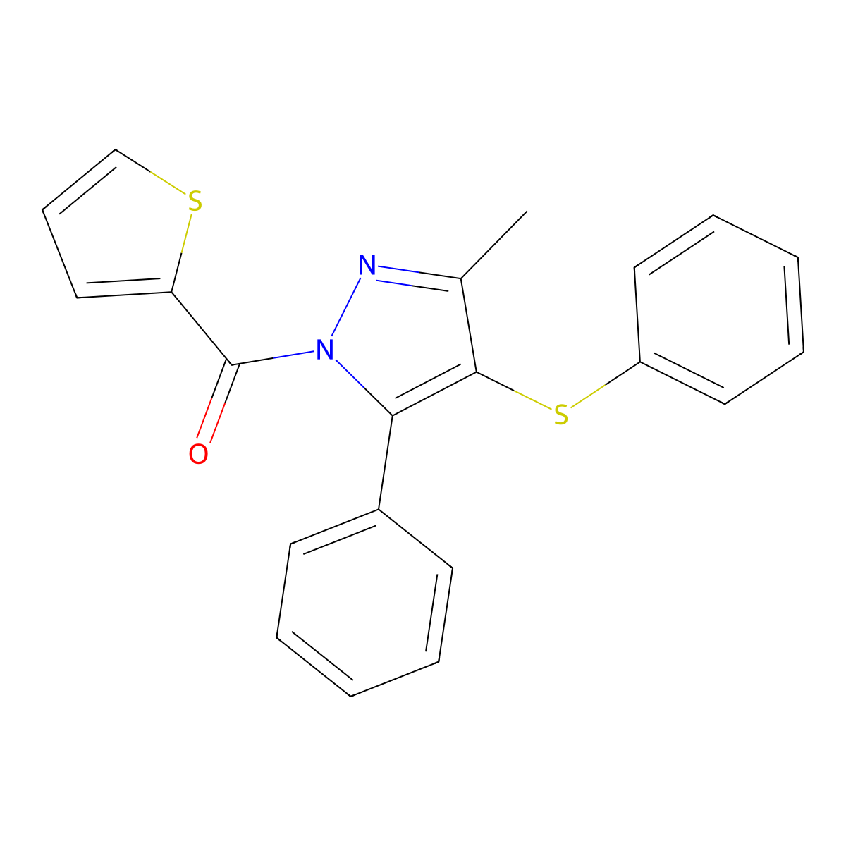 (3-Methyl-5-phenyl-4-phenylsulfanylpyrazol-1-yl)-thiophen-2-ylmethanone molecular structure, CAS 394226-52-9