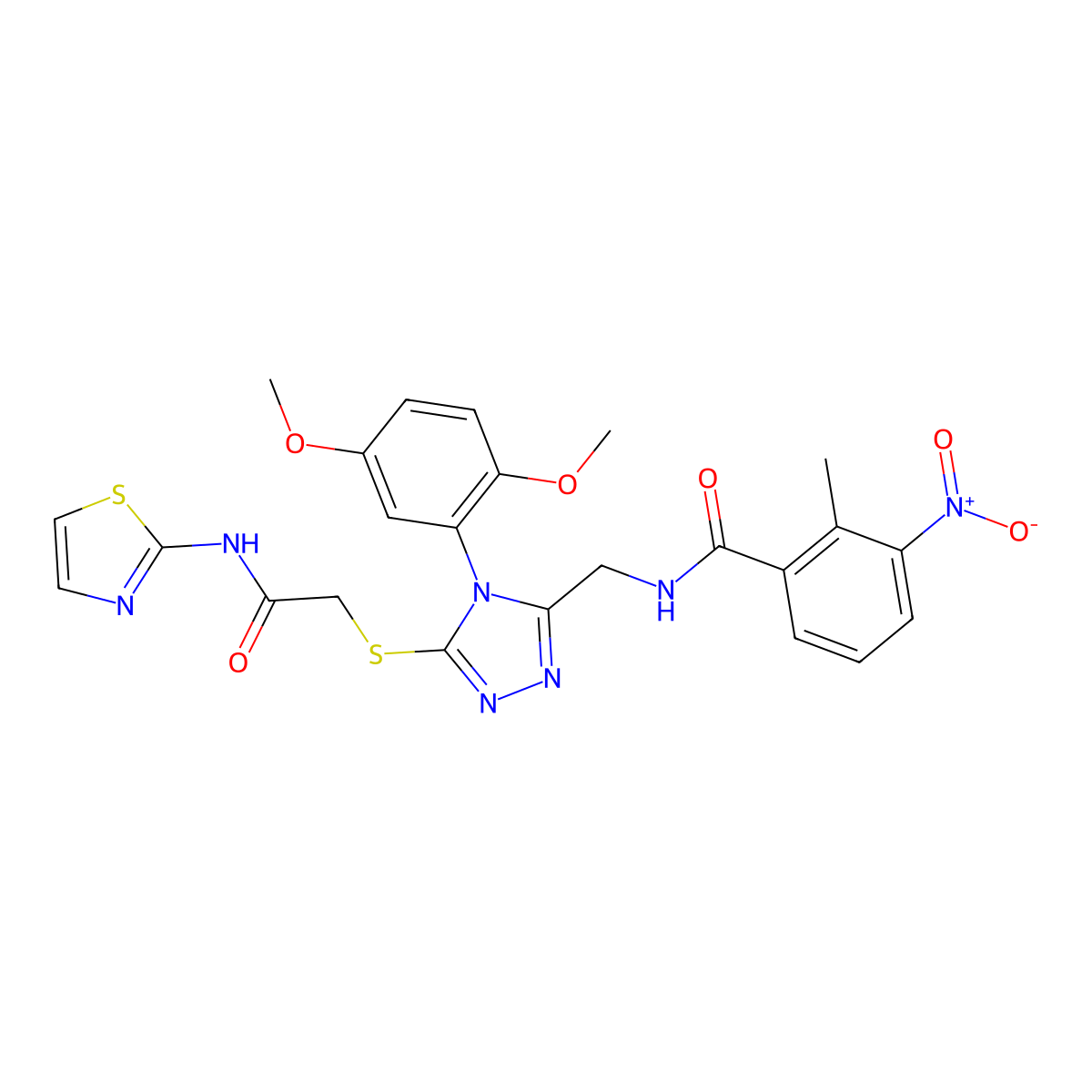 N-((4-(2,5-dimethoxyphenyl)-5-((2-oxo-2-(thiazol-2-ylamino)ethyl)thio)-4H-1,2,4-triazol-3-yl)methyl)-2-methyl-3-nitrobenzamide molecular structure, CAS 394226-53-0