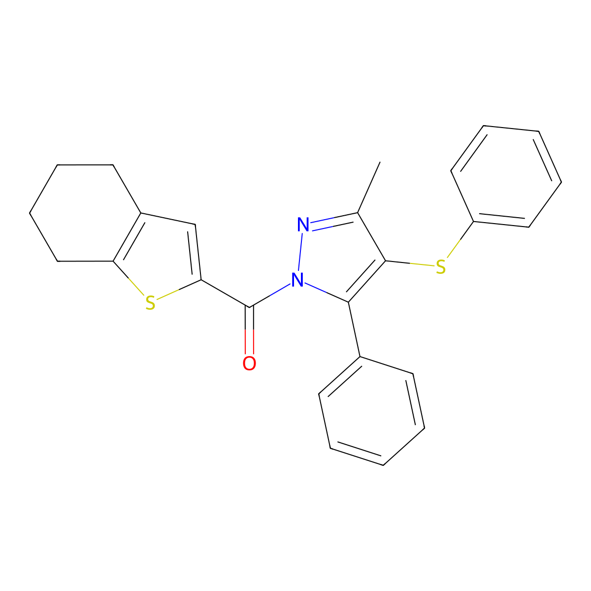 (3-methyl-5-phenyl-4-(phenylthio)-1H-pyrazol-1-yl)(4,5,6,7-tetrahydrobenzo[b]thiophen-2-yl)methanone molecular structure, CAS 394226-54-1