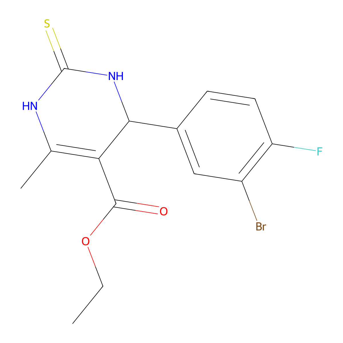 Ethyl 4-(3-bromo-4-fluorophenyl)-6-methyl-2-thioxo-1,2,3,4-tetrahydropyrimidine-5-carboxylate molecular structure, CAS 394226-74-5
