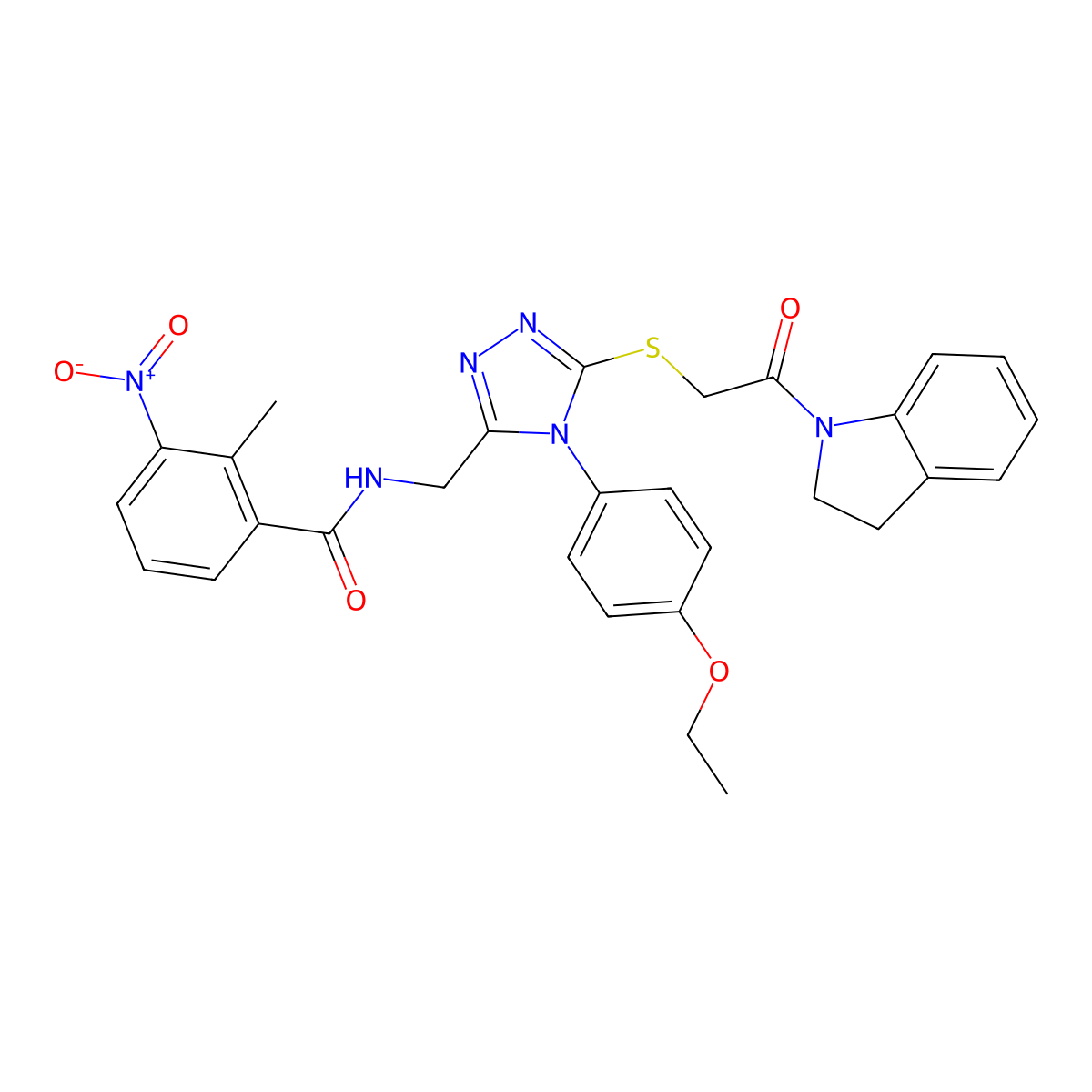 N-((4-(4-ethoxyphenyl)-5-((2-(indolin-1-yl)-2-oxoethyl)thio)-4H-1,2,4-triazol-3-yl)methyl)-2-methyl-3-nitrobenzamide molecular structure, CAS 394226-82-5