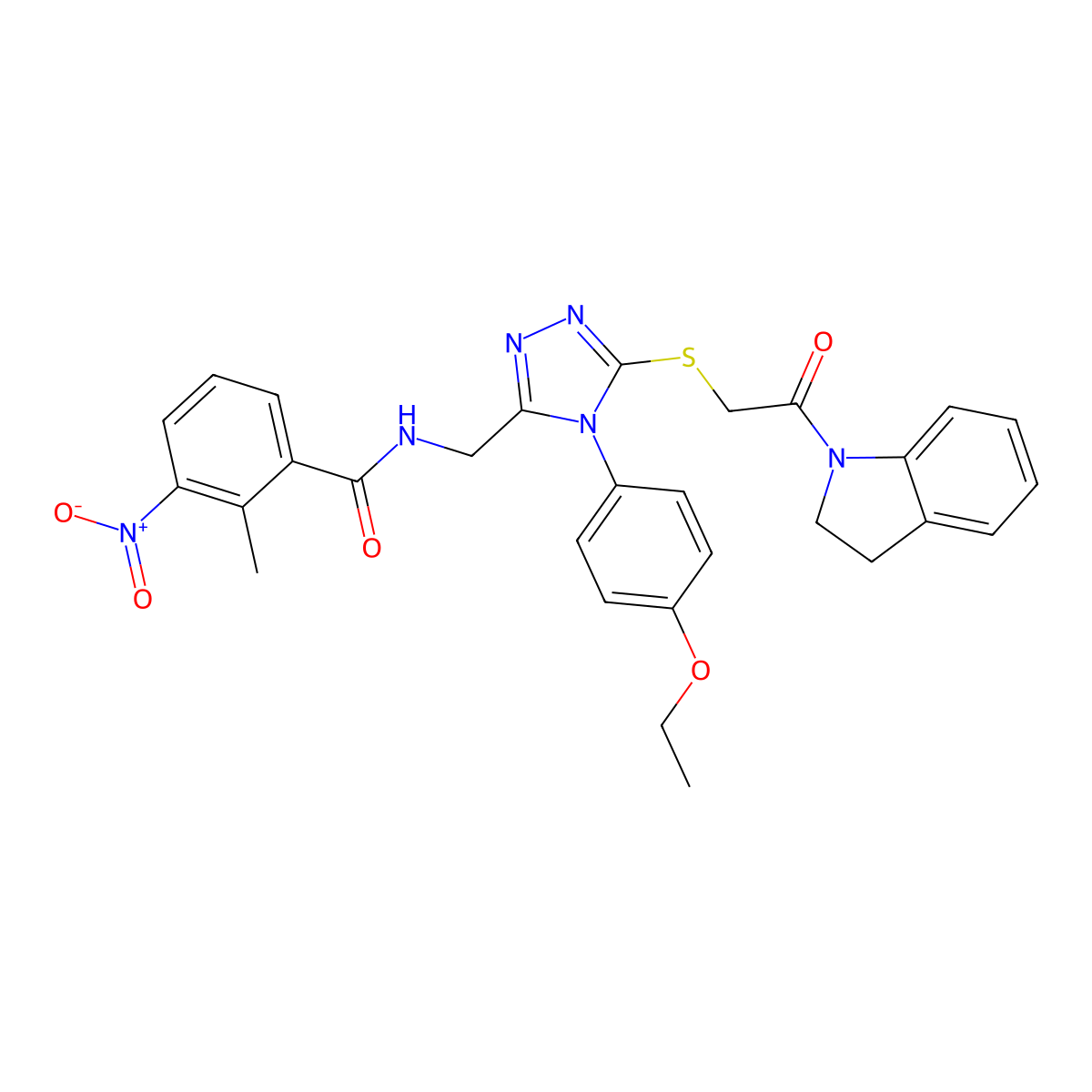N-((4-(4-ethoxyphenyl)-5-((2-(indolin-1-yl)-2-oxoethyl)thio)-4H-1,2,4-triazol-3-yl)methyl)-2-methyl-3-nitrobenzamide molecular structure, CAS 394226-82-5