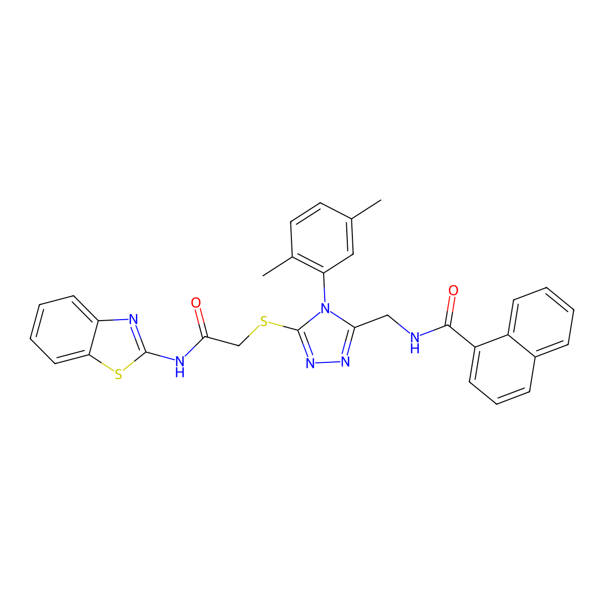 N-((5-((2-(benzo[d]thiazol-2-ylamino)-2-oxoethyl)thio)-4-(2,5-dimethylphenyl)-4H-1,2,4-triazol-3-yl)methyl)-1-naphthamide molecular structure, CAS 394227-74-8