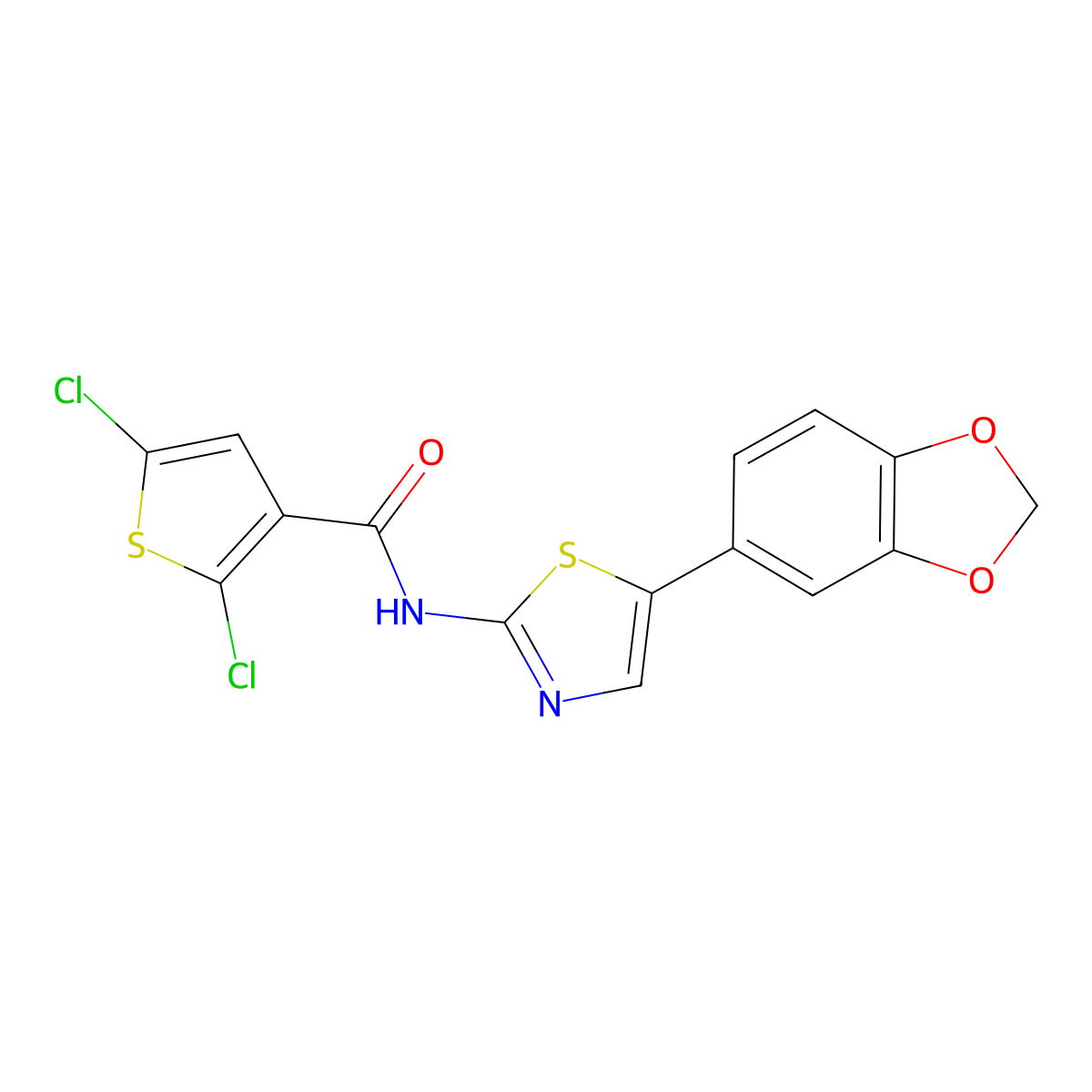 N-(5-(benzo[d][1,3]dioxol-5-yl)thiazol-2-yl)-2,5-dichlorothiophene-3-carboxamide molecular structure, CAS 394227-98-6
