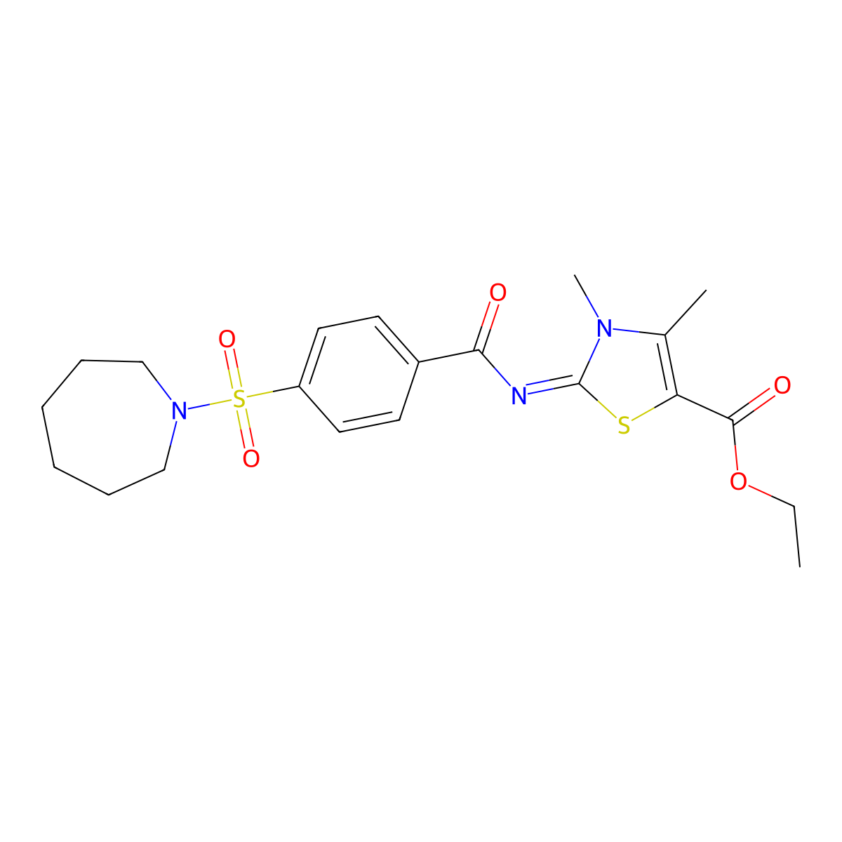 Ethyl 2-[4-(azepan-1-ylsulfonyl)benzoyl]imino-3,4-dimethyl-1,3-thiazole-5-carboxylate molecular structure, CAS 394228-16-1