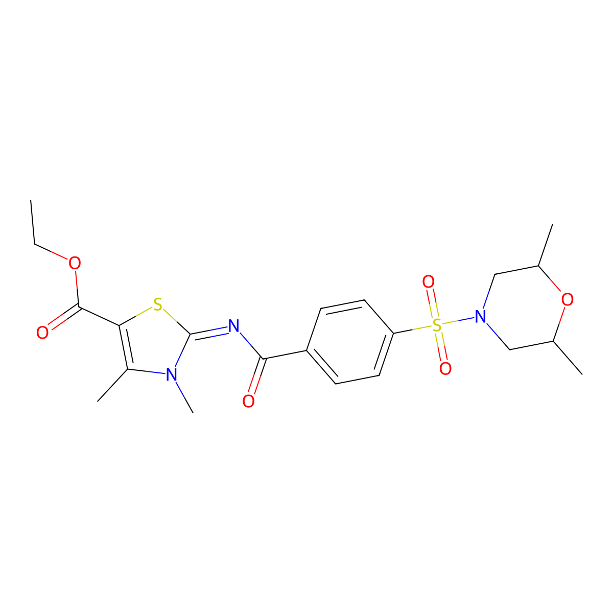 ethyl (2Z)-2-({4-[(2,6-dimethylmorpholin-4-yl)sulfonyl]benzoyl}imino)-3,4-dimethyl-2,3-dihydro-1,3-thiazole-5-carboxylate molecular structure, CAS 394228-18-3