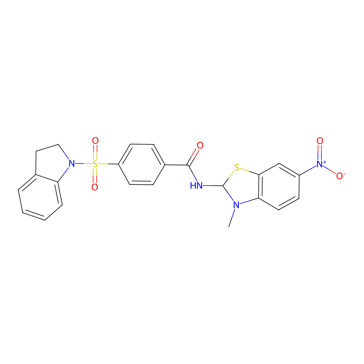 4-(indolin-1-ylsulfonyl)-N-(3-methyl-6-nitro-2,3-dihydrobenzo[d]thiazol-2-yl)benzamide molecular structure, CAS 394228-30-9