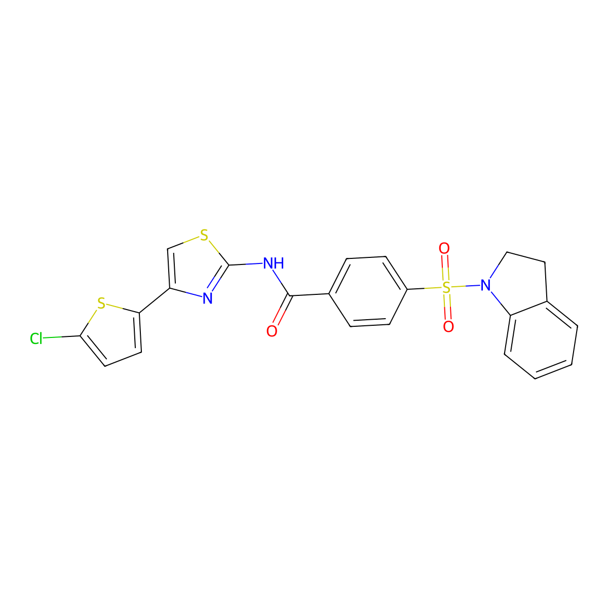N-(4-(5-chlorothiophen-2-yl)thiazol-2-yl)-4-(indolin-1-ylsulfonyl)benzamide molecular structure, CAS 394228-61-6