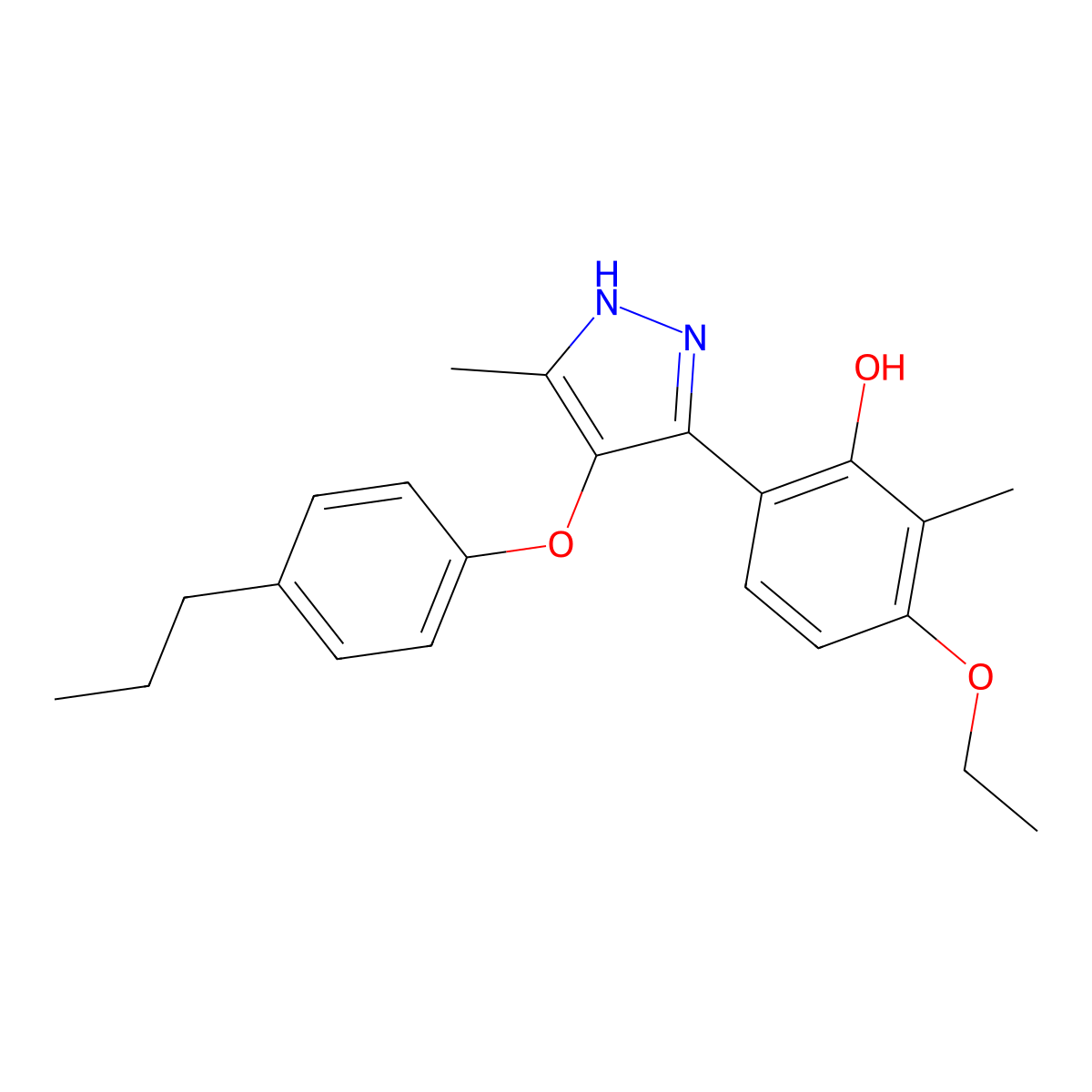 3-ethoxy-2-methyl-6-[5-methyl-4-(4-propylphenoxy)-1H-pyrazol-3-yl]phenol molecular structure, CAS 394228-76-3