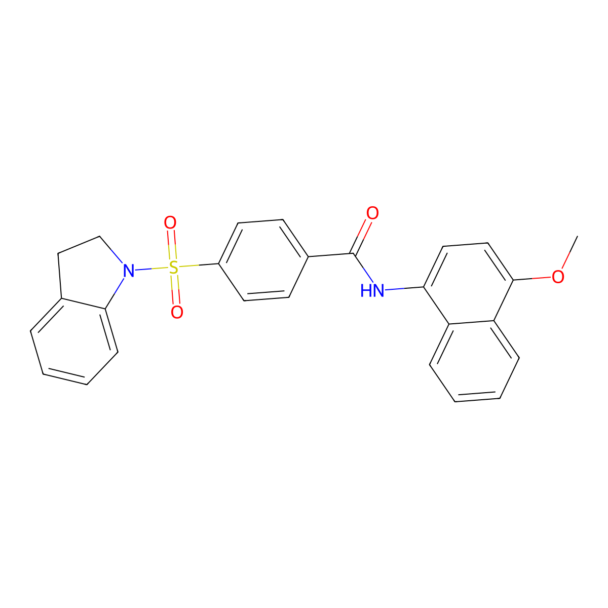 4-(indolin-1-ylsulfonyl)-N-(4-methoxynaphthalen-1-yl)benzamide molecular structure, CAS 394228-88-7