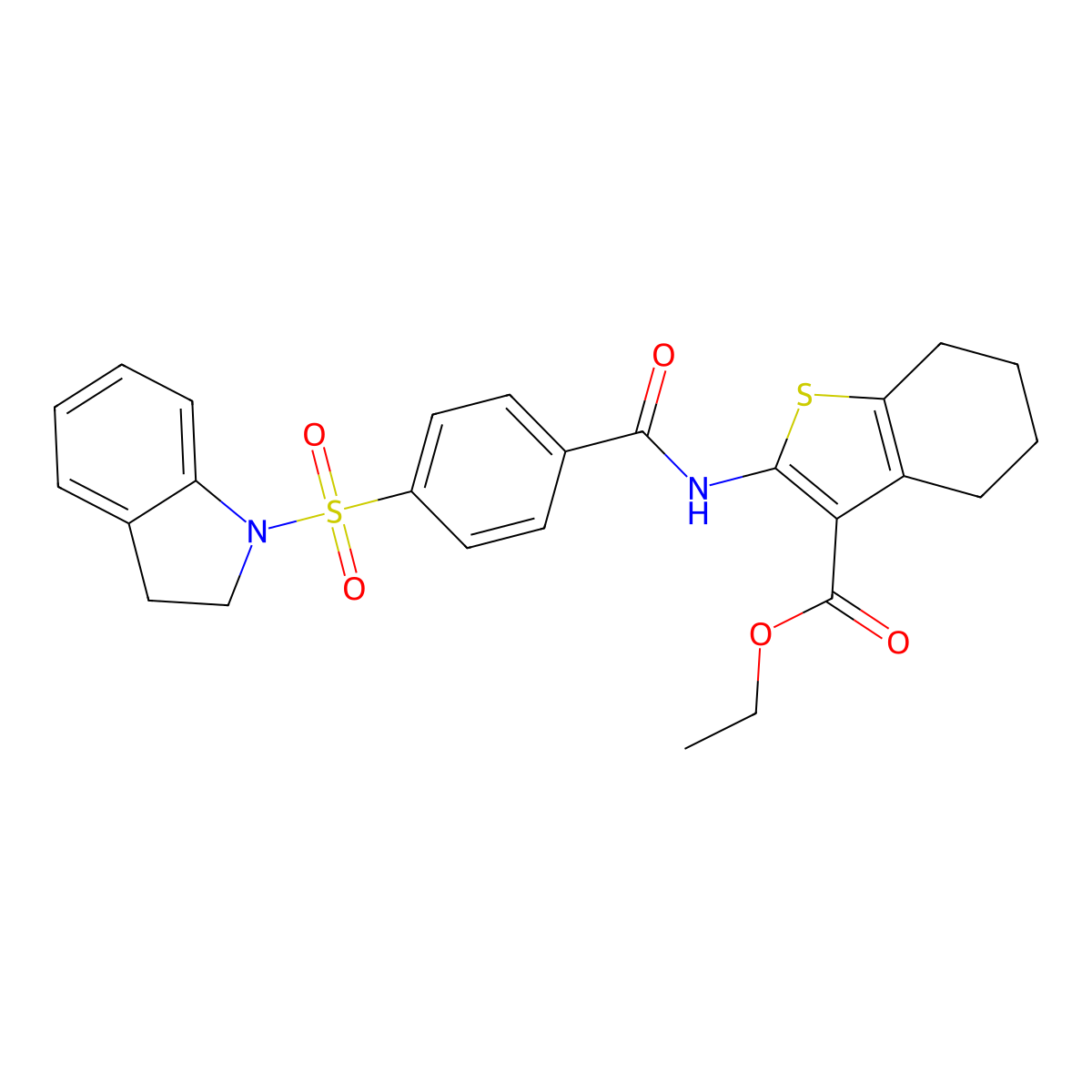 Ethyl 2-(4-(indolin-1-ylsulfonyl)benzamido)-4,5,6,7-tetrahydrobenzo[b]thiophene-3-carboxylate molecular structure, CAS 394229-03-9