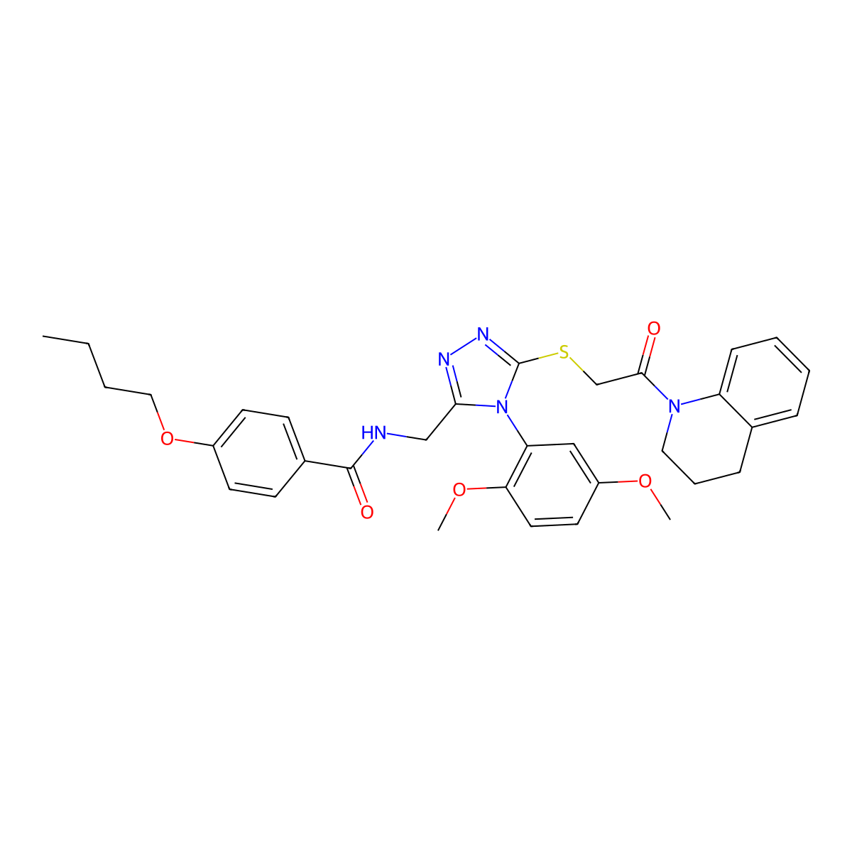 4-butoxy-N-((5-((2-(3,4-dihydroquinolin-1(2H)-yl)-2-oxoethyl)thio)-4-(2,5-dimethoxyphenyl)-4H-1,2,4-triazol-3-yl)methyl)benzamide molecular structure, CAS 394229-16-4