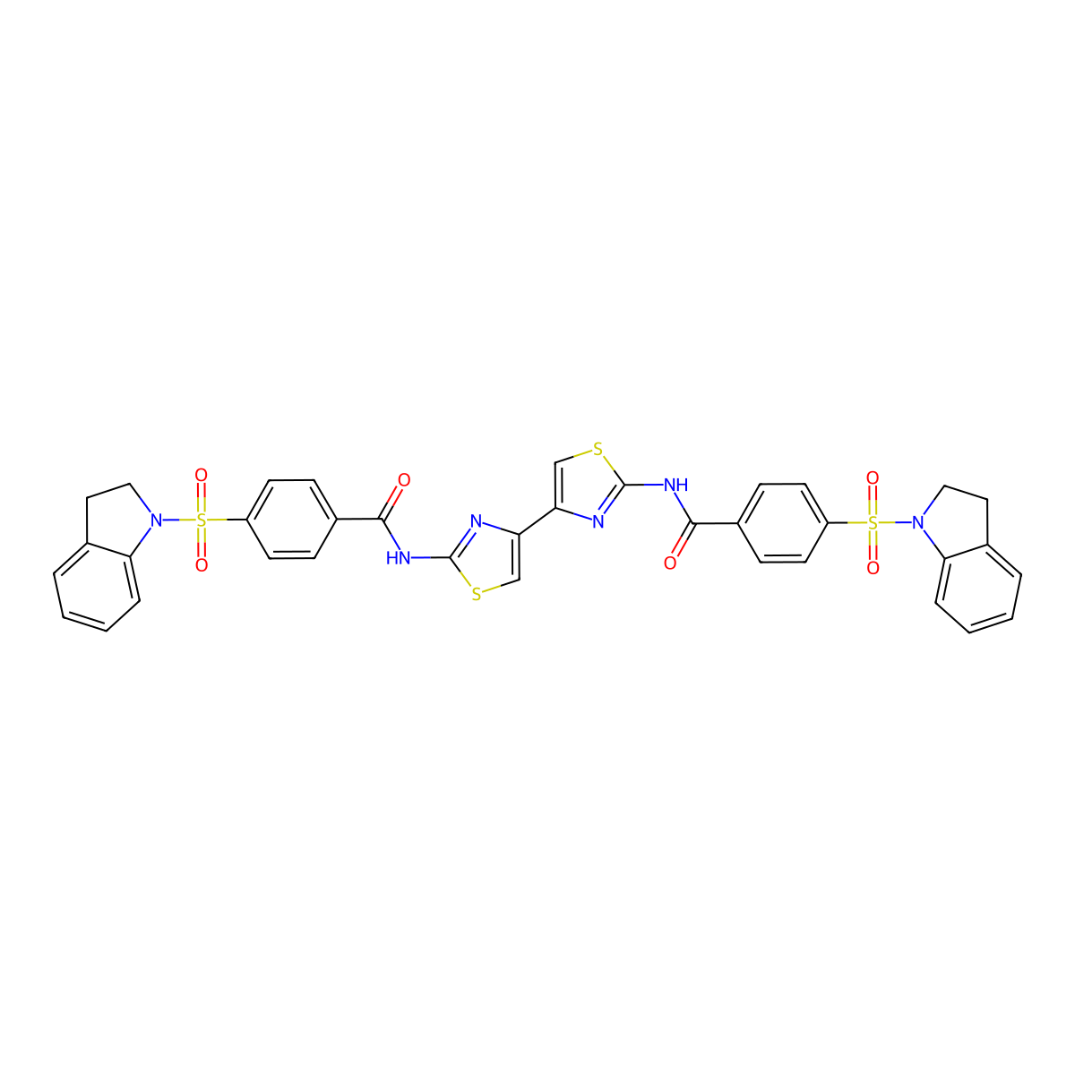 4-(2,3-dihydroindol-1-ylsulfonyl)-N-[4-[2-[[4-(2,3-dihydroindol-1-ylsulfonyl)benzoyl]amino]-1,3-thiazol-4-yl]-1,3-thiazol-2-yl]benzamide molecular structure, CAS 394229-18-6