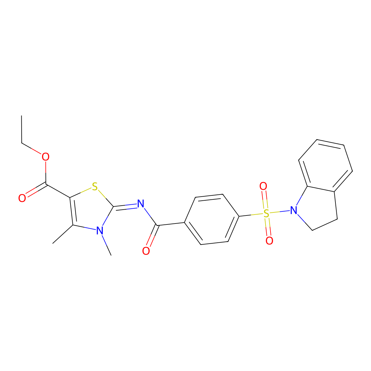(E)-ethyl 2-((4-(indolin-1-ylsulfonyl)benzoyl)imino)-3,4-dimethyl-2,3-dihydrothiazole-5-carboxylate molecular structure, CAS 394229-21-1