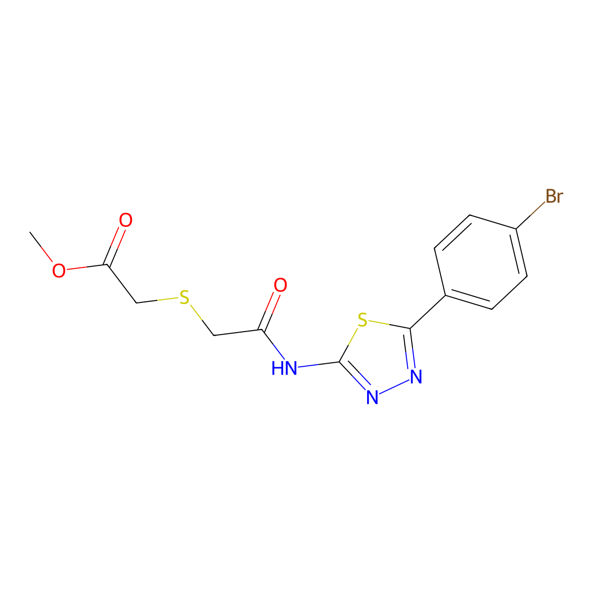 Methyl 2-((2-((5-(4-bromophenyl)-1,3,4-thiadiazol-2-yl)amino)-2-oxoethyl)thio)acetate molecular structure, CAS 394230-04-7