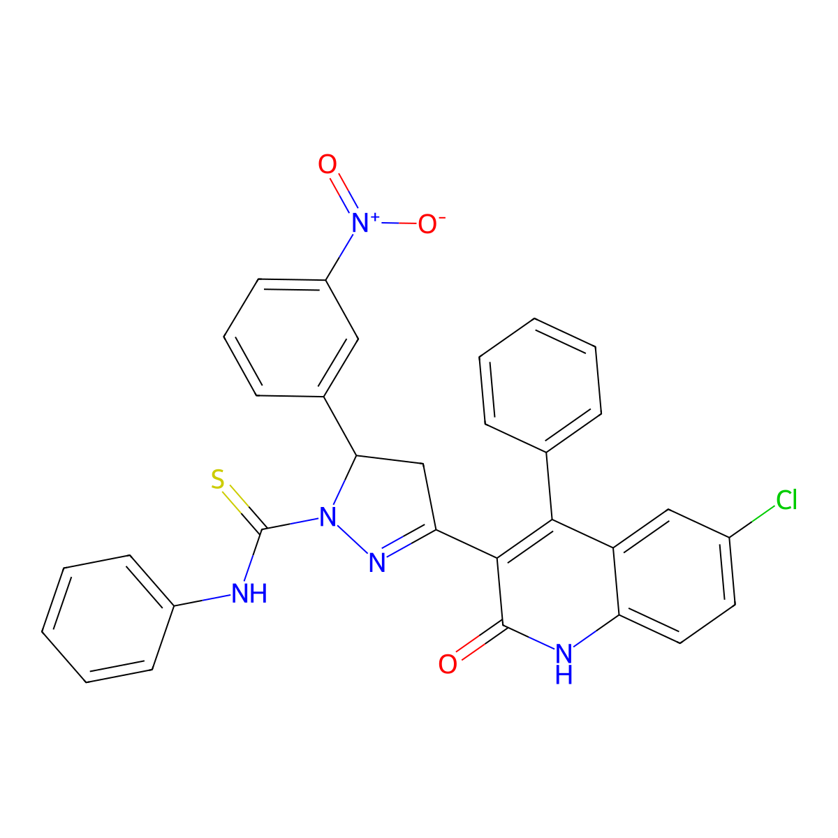 3-(6-chloro-2-hydroxy-4-phenylquinolin-3-yl)-5-(3-nitrophenyl)-N-phenyl-4,5-dihydro-1H-pyrazole-1-carbothioamide molecular structure, CAS 394230-10-5