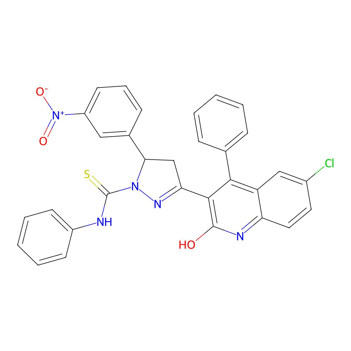 3-(6-chloro-2-hydroxy-4-phenylquinolin-3-yl)-5-(3-nitrophenyl)-N-phenyl-4,5-dihydro-1H-pyrazole-1-carbothioamide molecular structure, CAS 394230-10-5