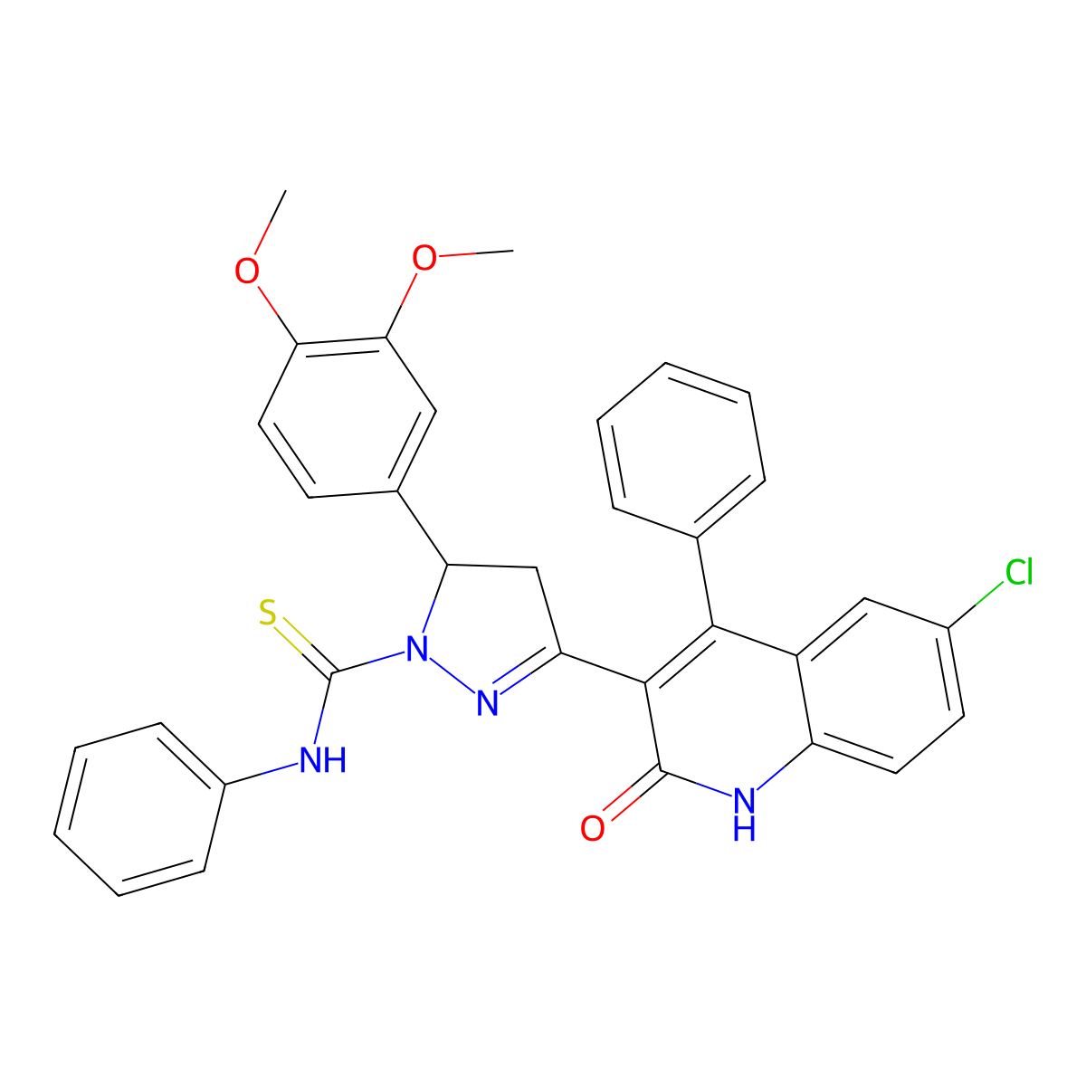 3-(6-chloro-2-hydroxy-4-phenylquinolin-3-yl)-5-(3,4-dimethoxyphenyl)-N-phenyl-4,5-dihydro-1H-pyrazole-1-carbothioamide molecular structure, CAS 394230-13-8