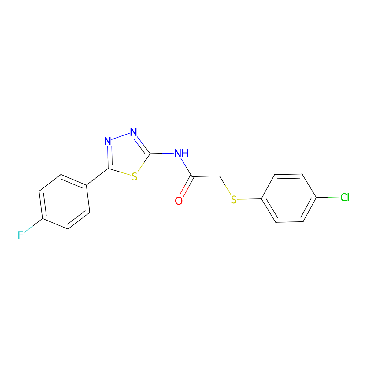 2-((4-chlorophenyl)thio)-N-(5-(4-fluorophenyl)-1,3,4-thiadiazol-2-yl)acetamide molecular structure, CAS 394230-25-2