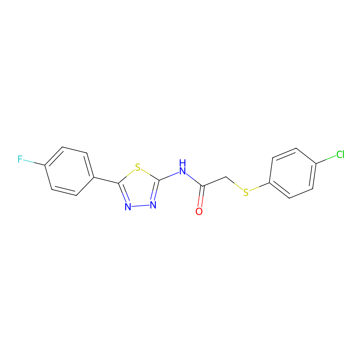 2-((4-chlorophenyl)thio)-N-(5-(4-fluorophenyl)-1,3,4-thiadiazol-2-yl)acetamide molecular structure, CAS 394230-25-2