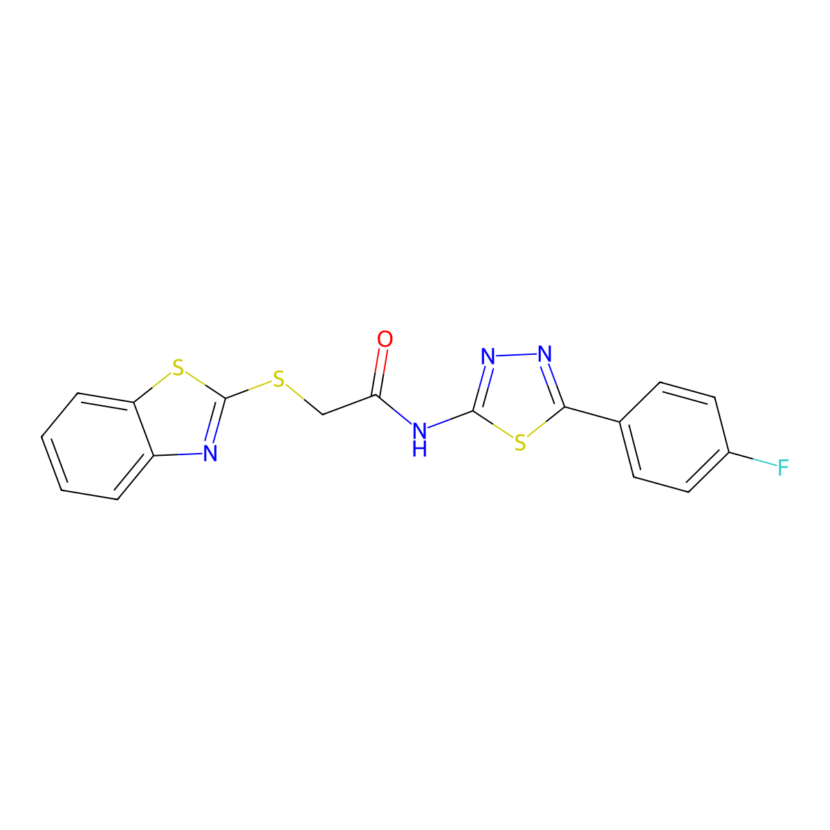 2-(1,3-benzothiazol-2-ylsulfanyl)-N-[5-(4-fluorophenyl)-1,3,4-thiadiazol-2-yl]acetamide molecular structure, CAS 394230-48-9