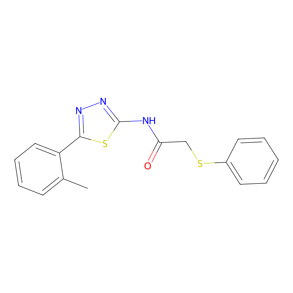2-(phenylthio)-N-(5-(o-tolyl)-1,3,4-thiadiazol-2-yl)acetamide molecular structure, CAS 394230-60-5
