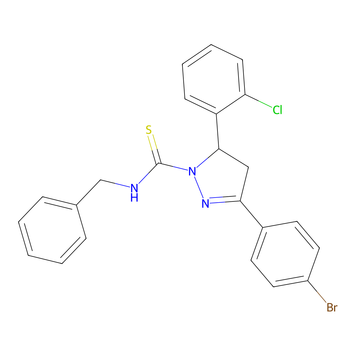 N-benzyl-3-(4-bromophenyl)-5-(2-chlorophenyl)-4,5-dihydro-1H-pyrazole-1-carbothioamide molecular structure, CAS 394230-70-7