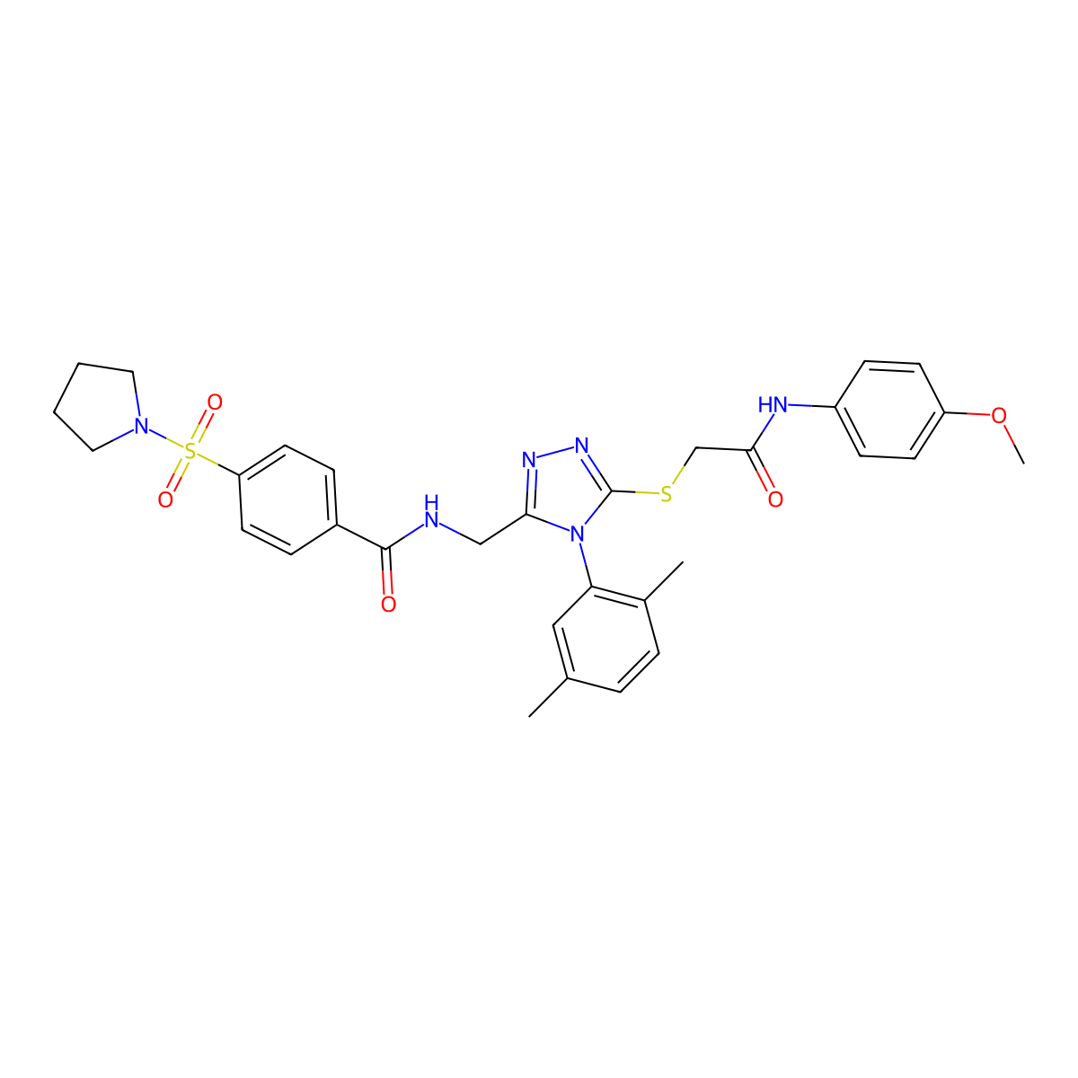 N-((4-(2,5-dimethylphenyl)-5-((2-((4-methoxyphenyl)amino)-2-oxoethyl)thio)-4H-1,2,4-triazol-3-yl)methyl)-4-(pyrrolidin-1-ylsulfonyl)benzamide molecular structure, CAS 394230-83-2