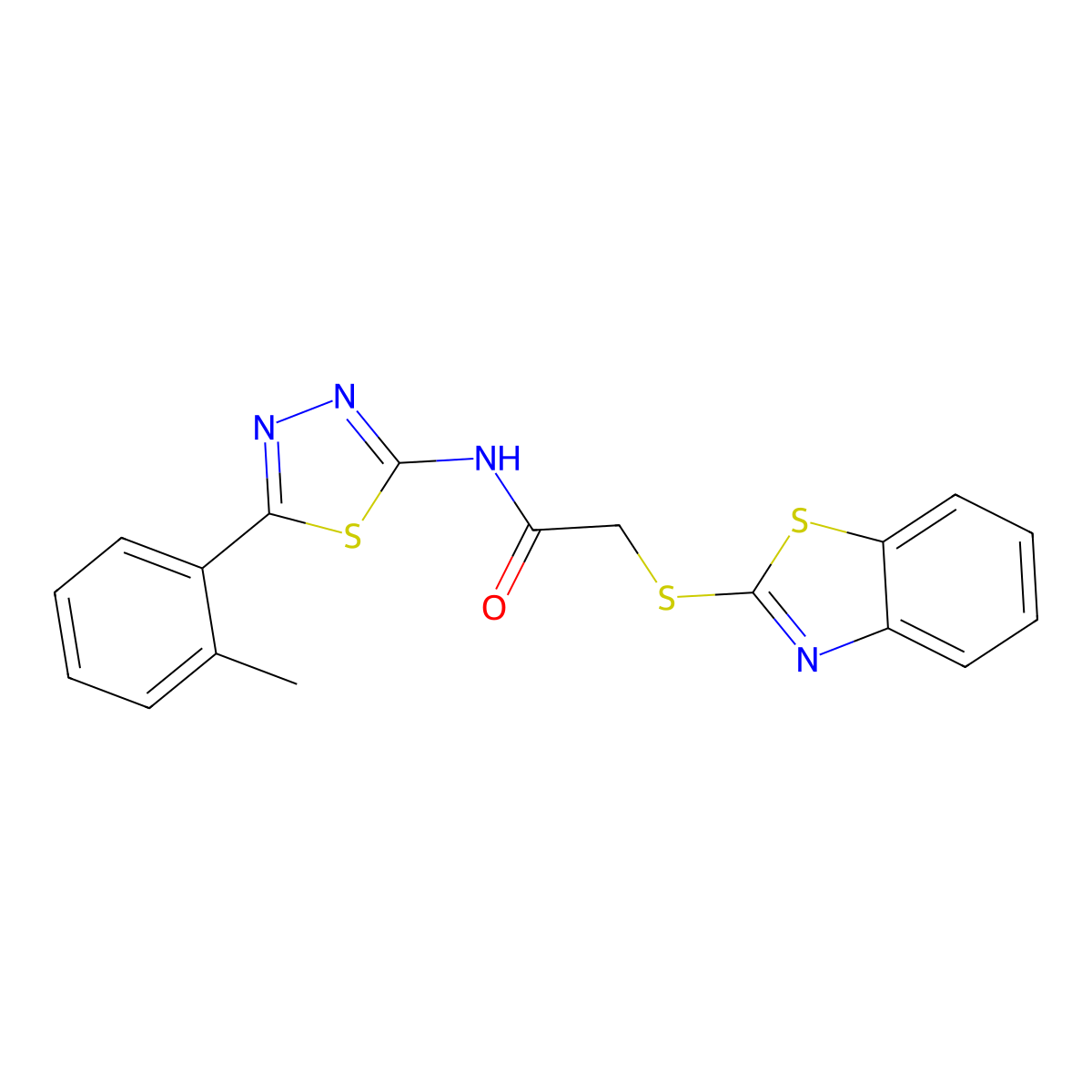 2-(benzo[d]thiazol-2-ylthio)-N-(5-(o-tolyl)-1,3,4-thiadiazol-2-yl)acetamide molecular structure, CAS 394230-84-3