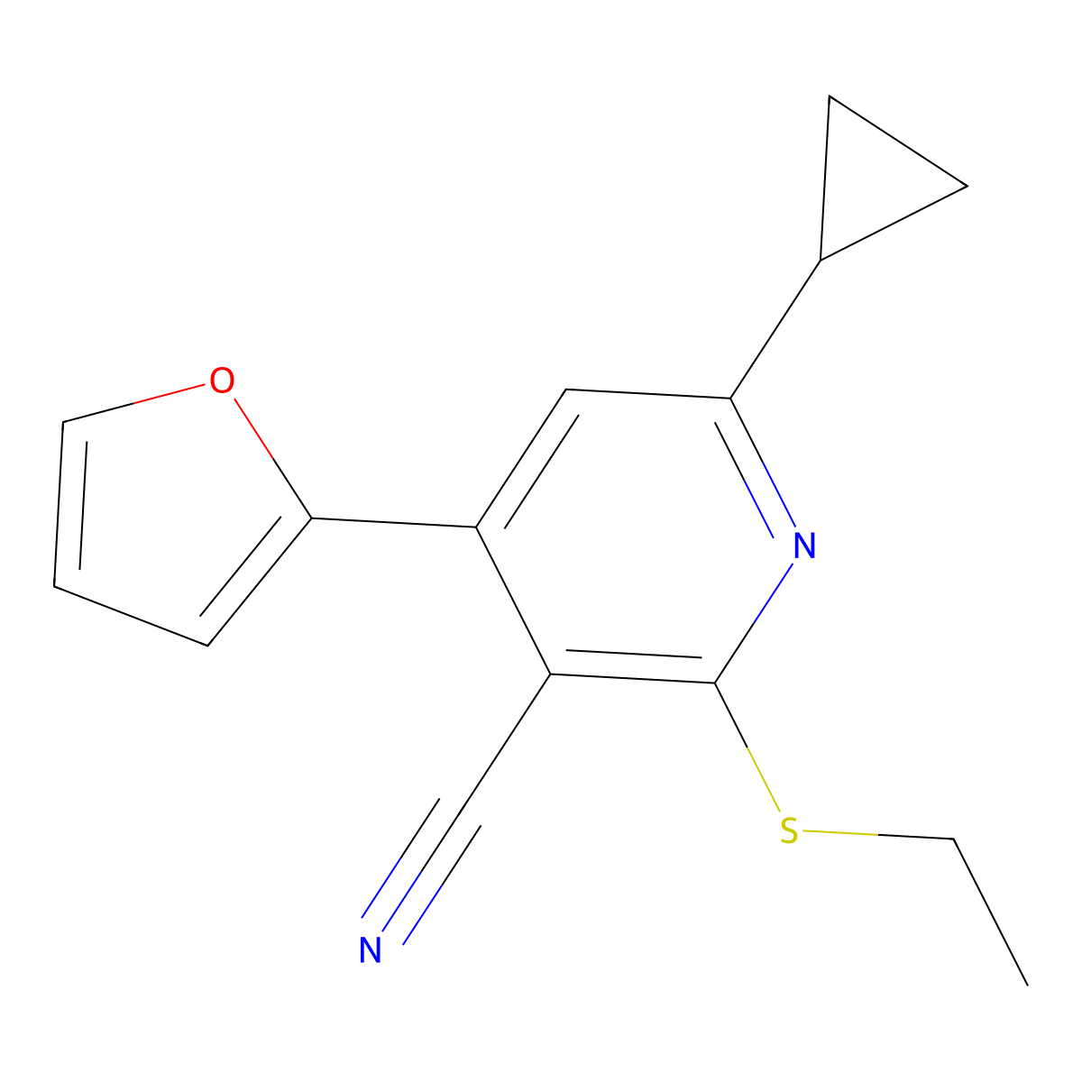6-Cyclopropyl-2-ethylsulfanyl-4-(furan-2-yl)pyridine-3-carbonitrile molecular structure, CAS 394230-93-4
